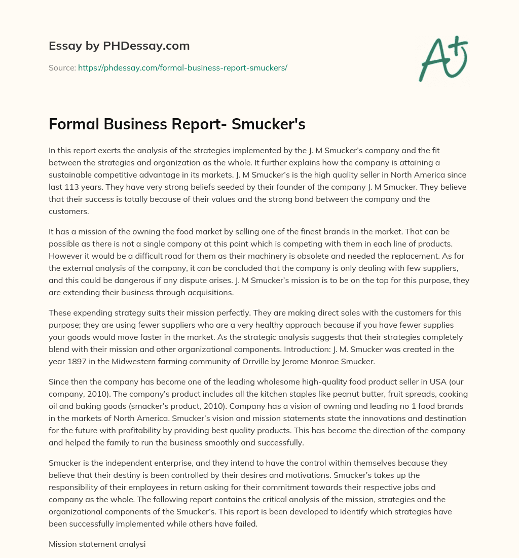Formal Business Report- Smucker’s essay