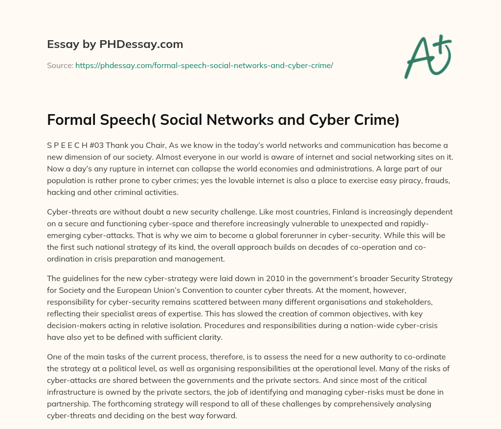 Formal Speech( Social Networks and Cyber Crime) essay