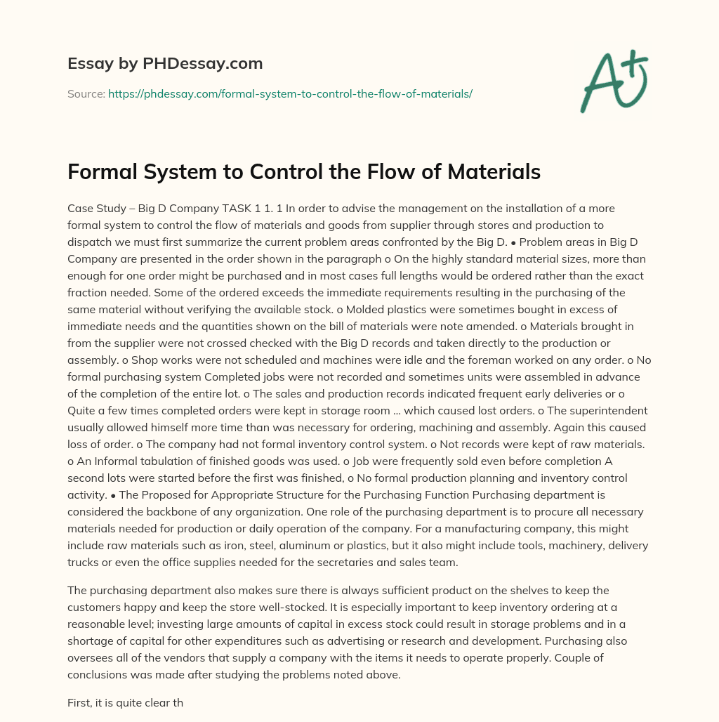 Formal System to Control the Flow of Materials essay