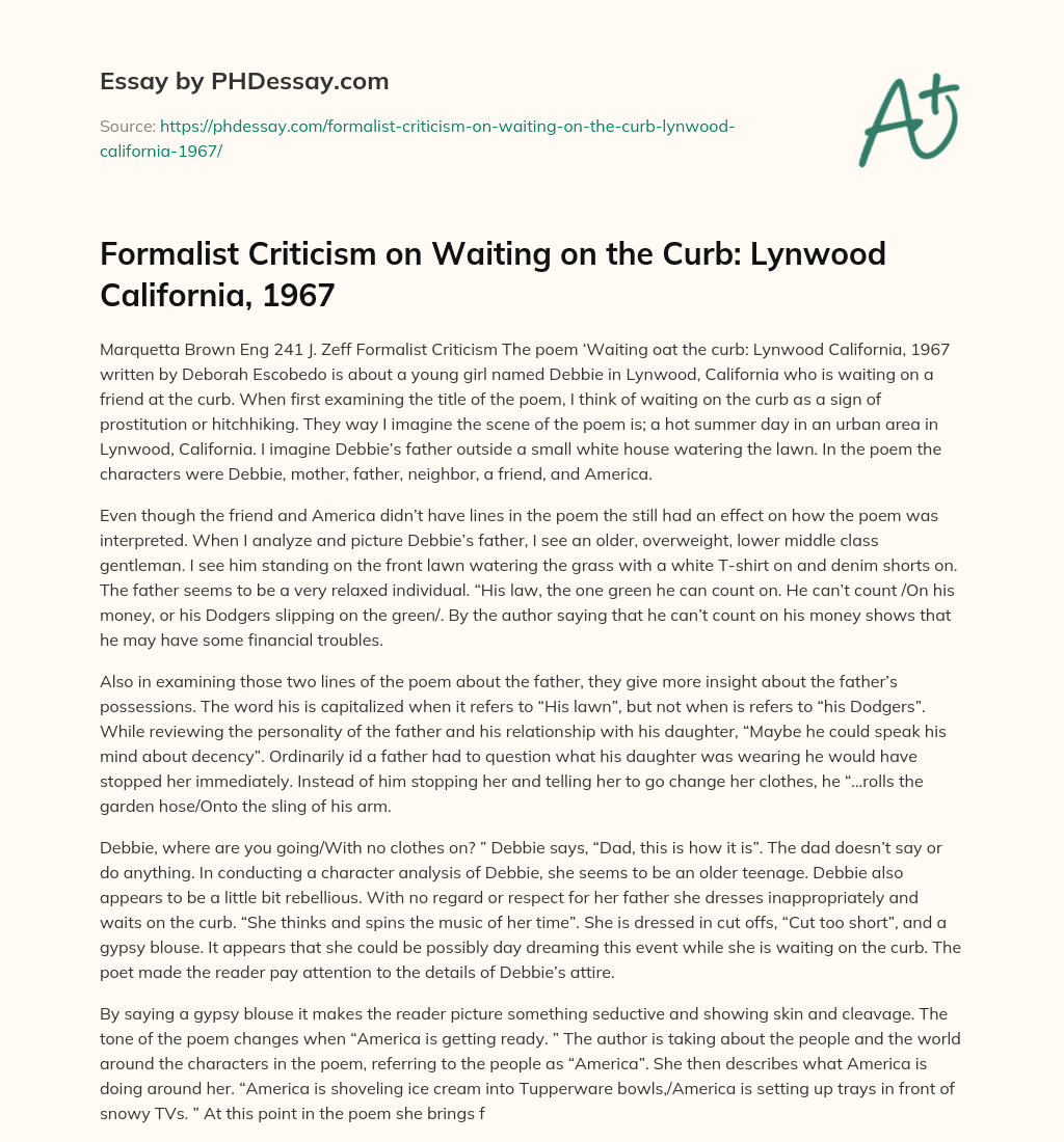 Formalist Criticism on Waiting on the Curb: Lynwood California, 1967 essay