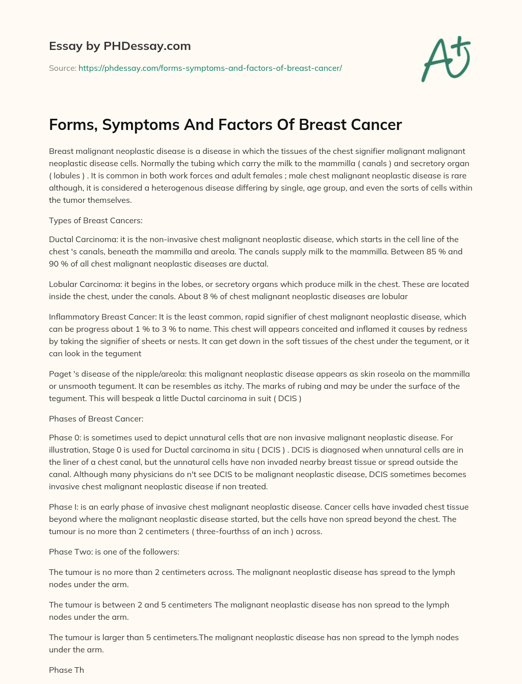 Forms, Symptoms And Factors Of Breast Cancer essay