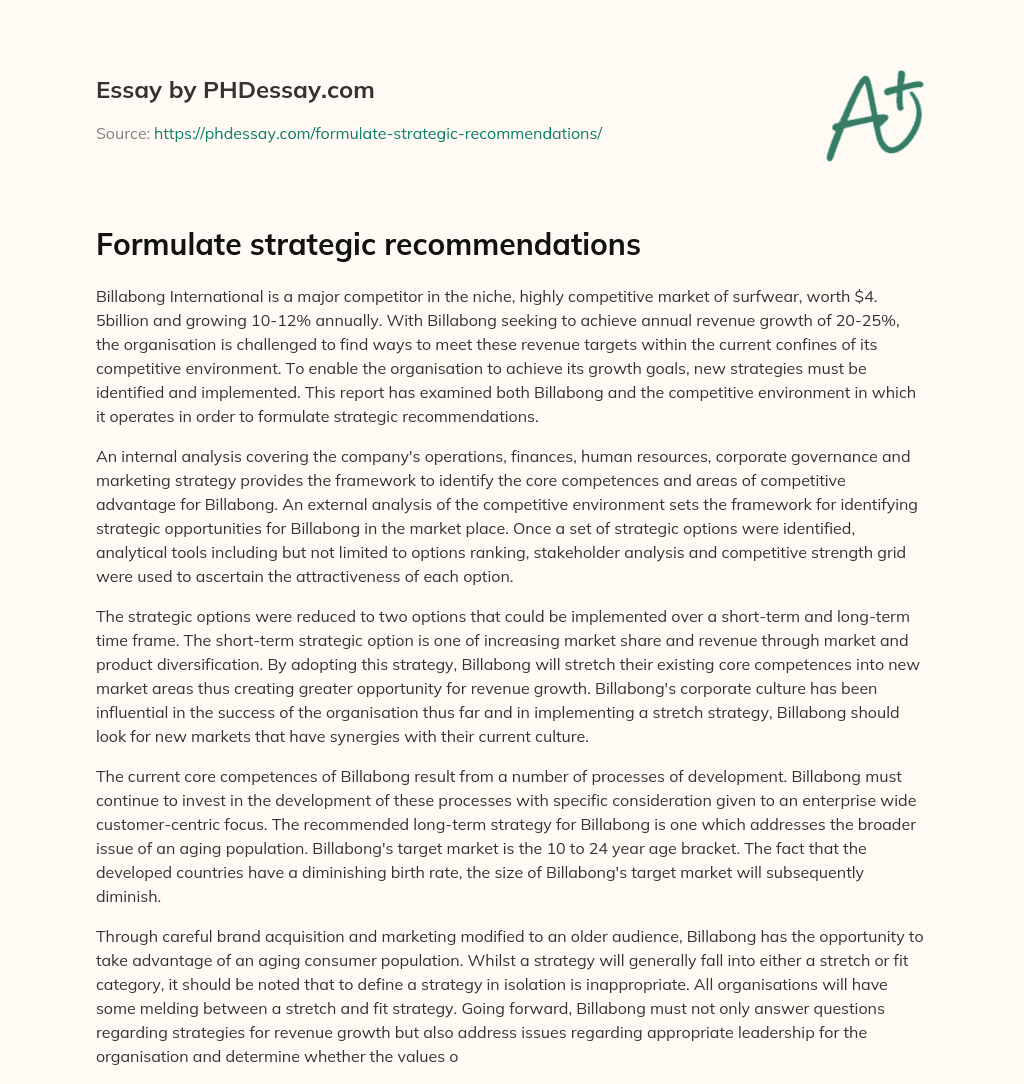 Formulate strategic recommendations essay