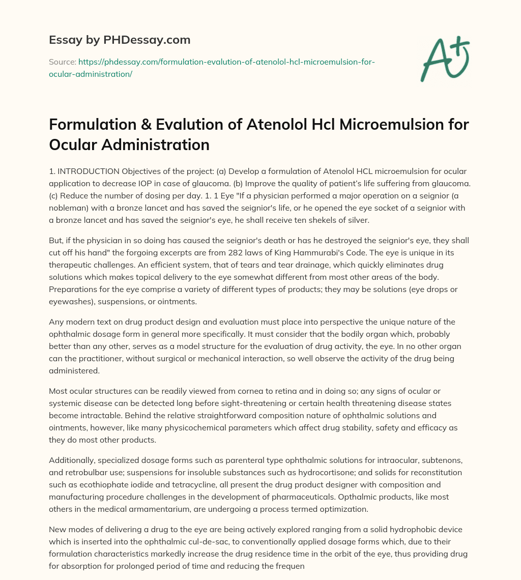Formulation & Evalution of Atenolol Hcl Microemulsion for Ocular Administration essay