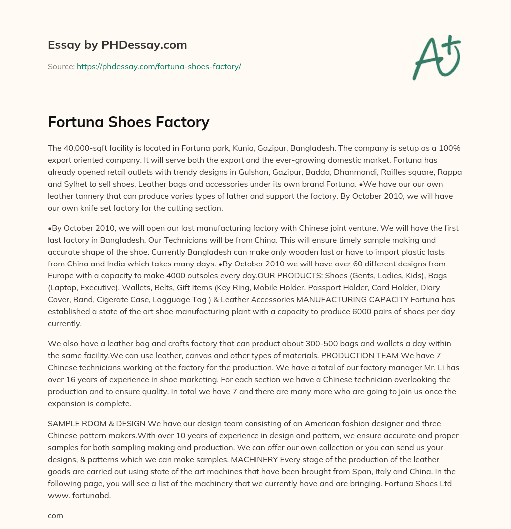 Fortuna Shoes Factory essay