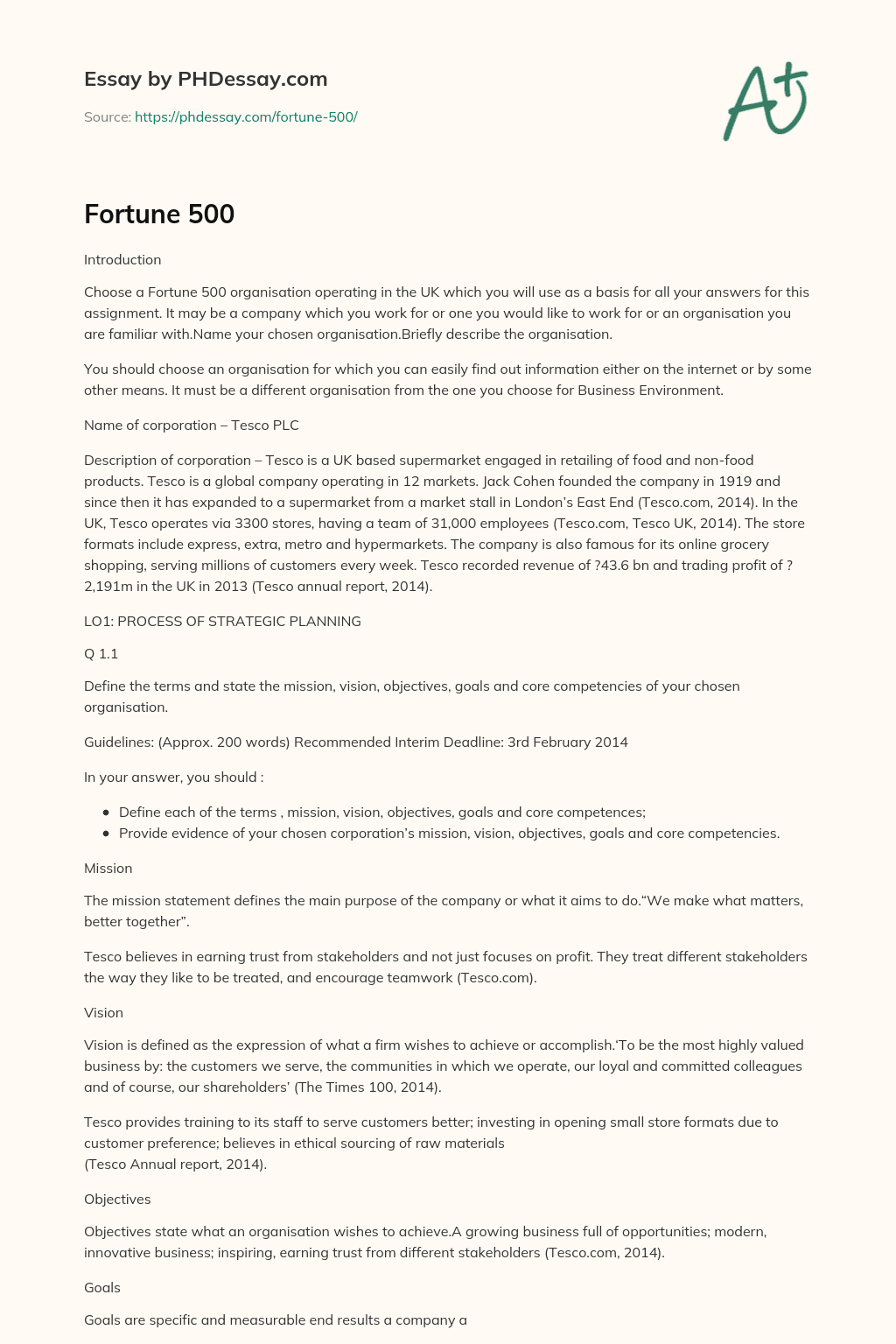 Choosing Tesco PLC as a Fortune 500 Organisation: Brief Description and Overview essay