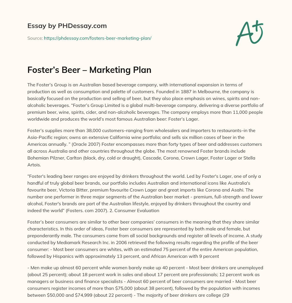 Foster’s Beer – Marketing Plan essay