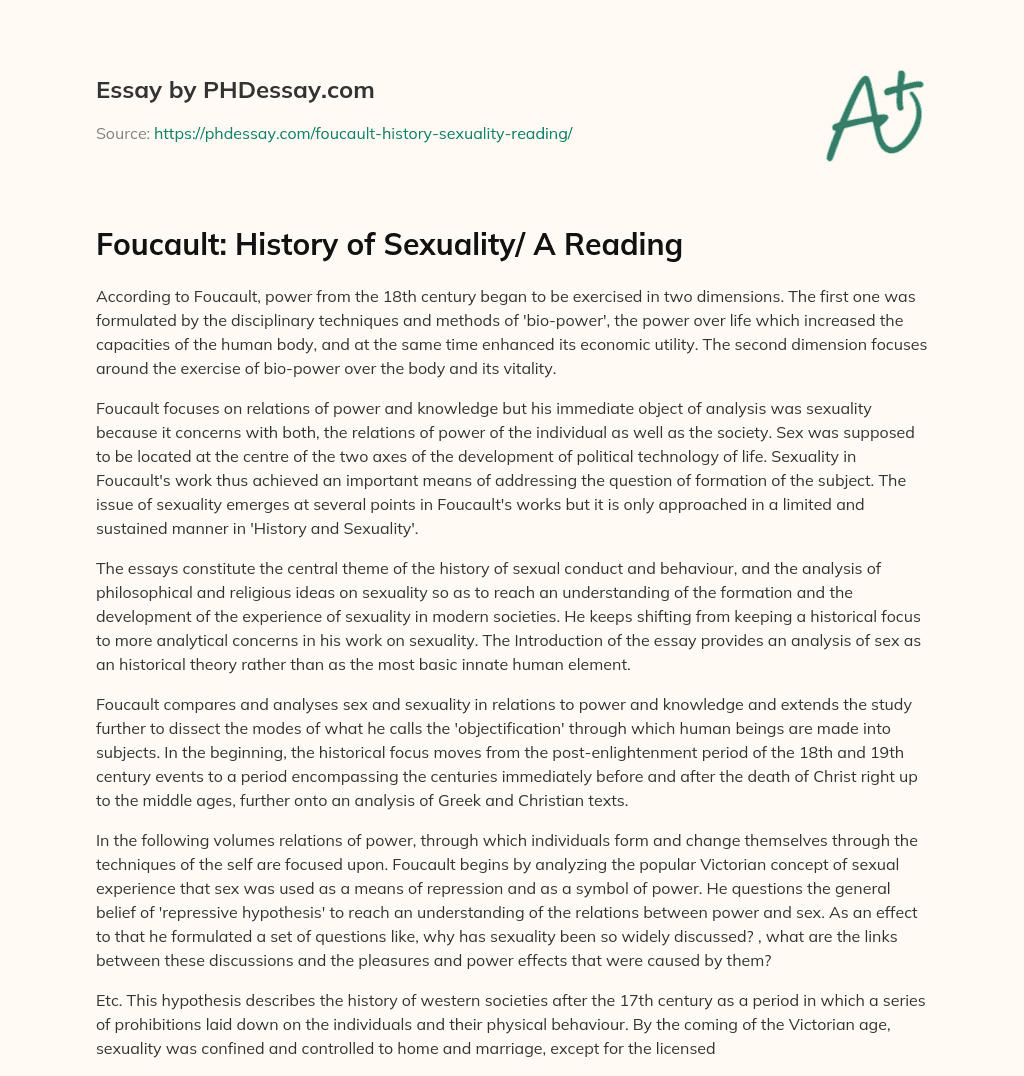Foucault: History of Sexuality/ A Reading essay