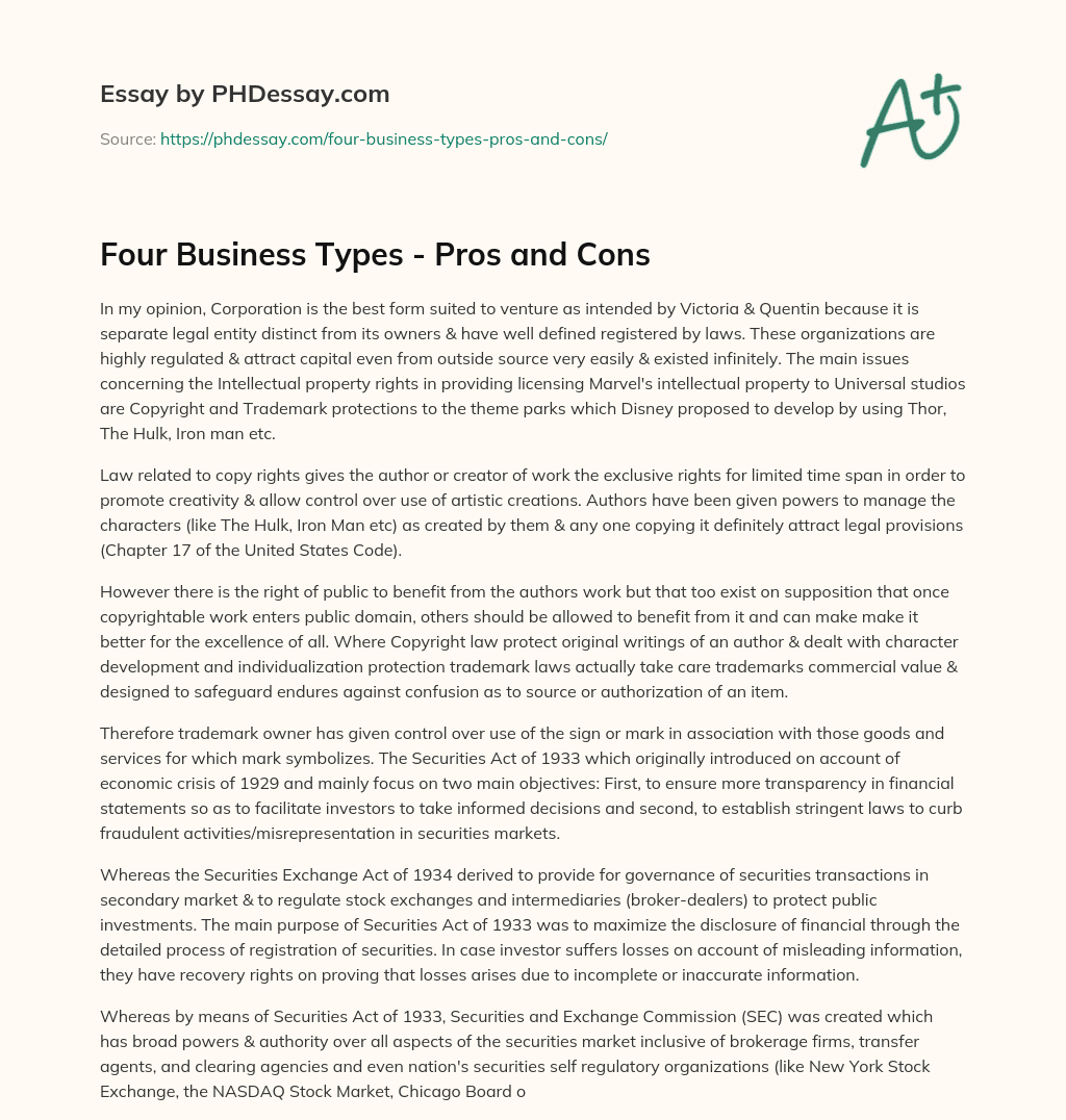 Four Business Types – Pros and Cons essay
