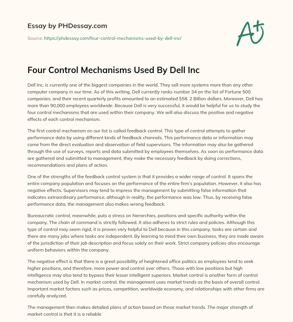 Four Control Mechanisms Used By Dell Inc essay