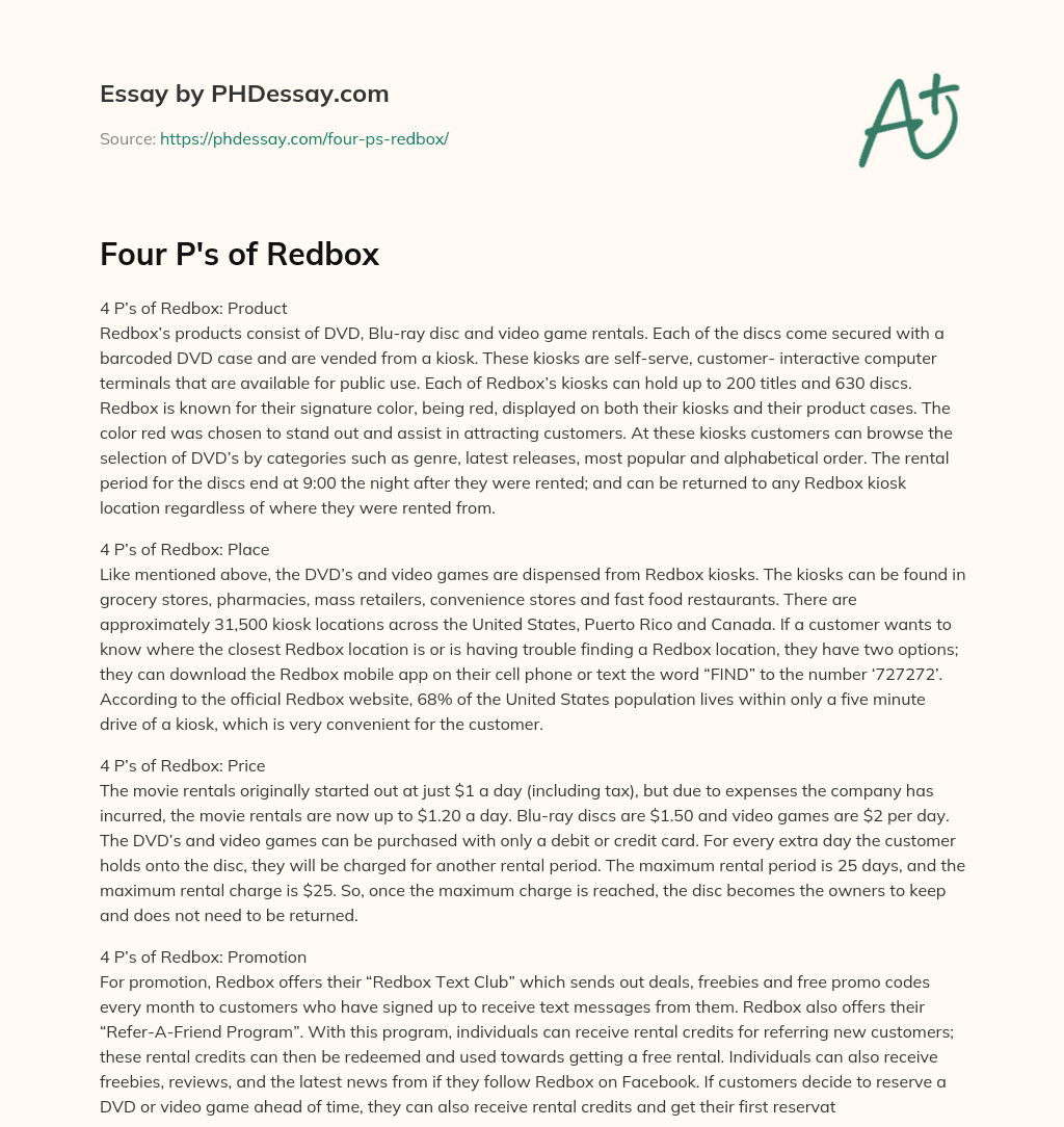 Four P’s of Redbox essay