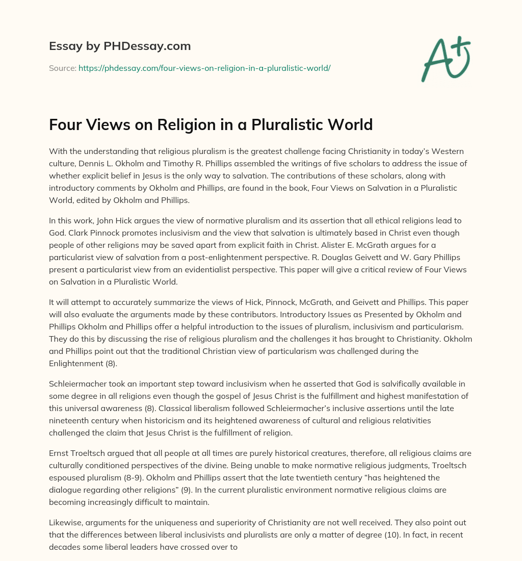 Four Views on Religion in a Pluralistic World essay