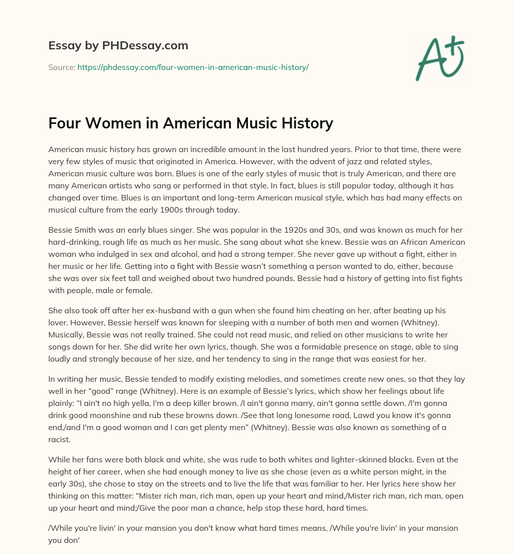 Four Women in American Music History essay