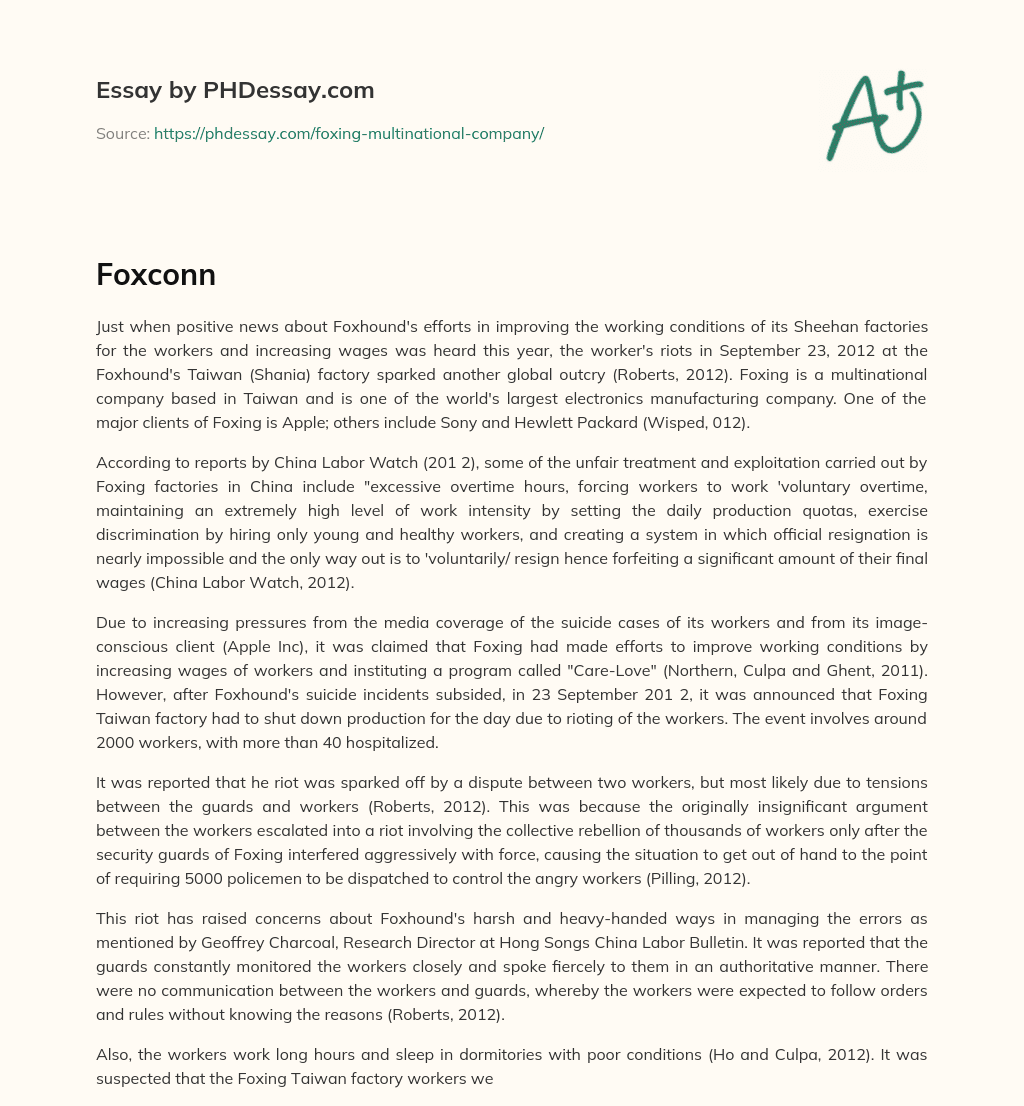 Foxhound’s Efforts to Improve Working Conditions and Wages Met with Worker Riots essay