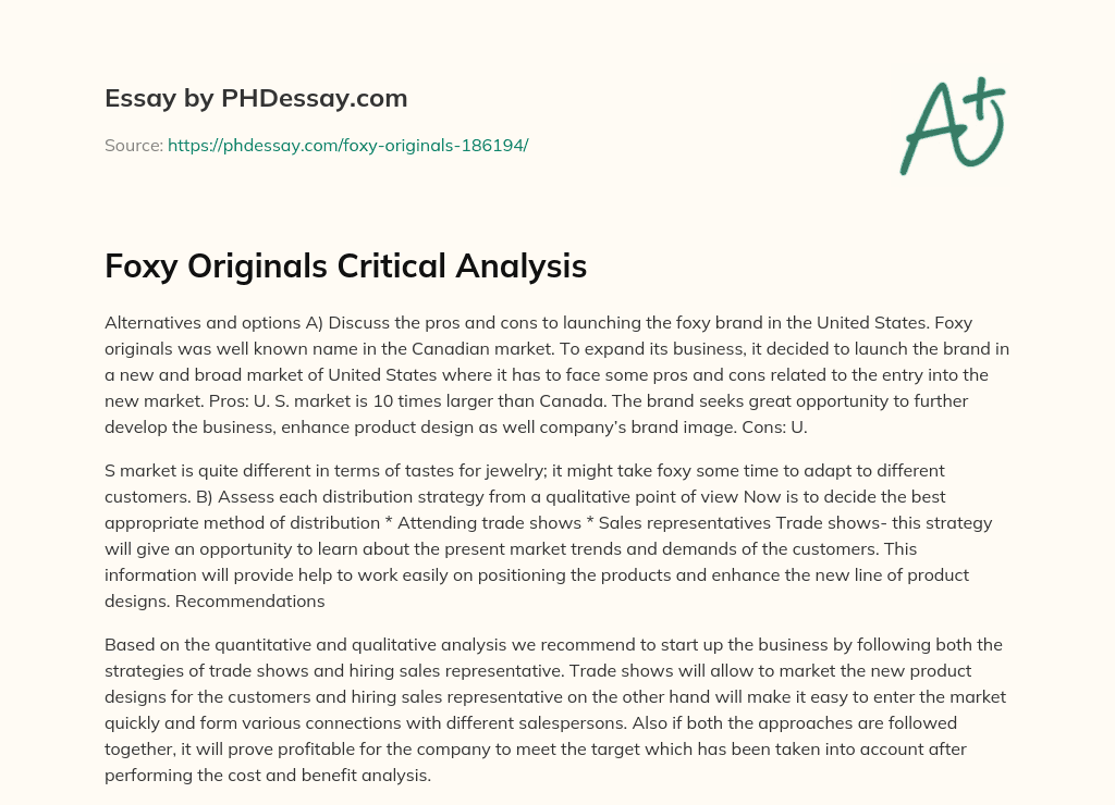 Foxy Originals Critical Analysis essay