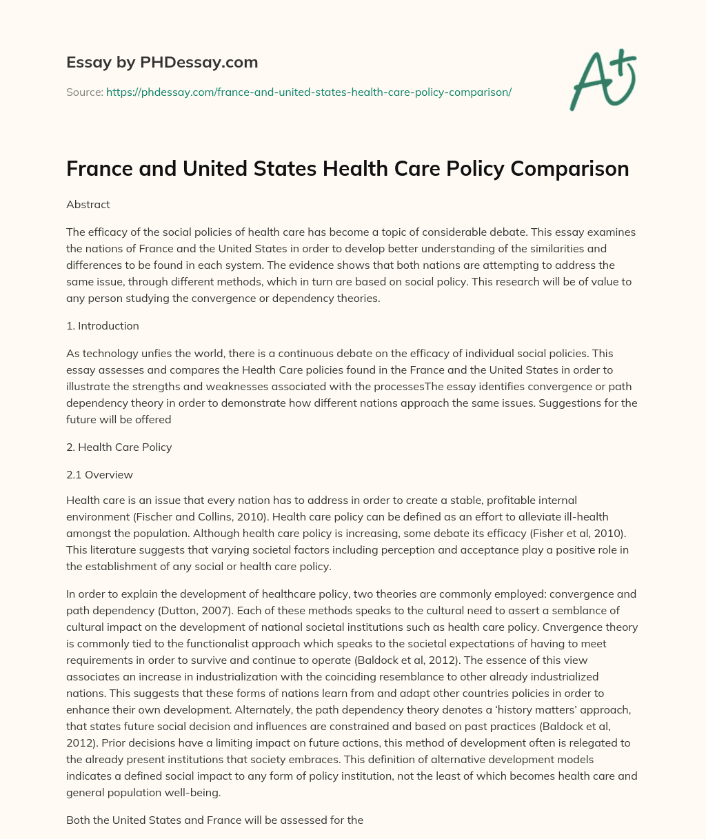 France and United States Health Care Policy Comparison essay