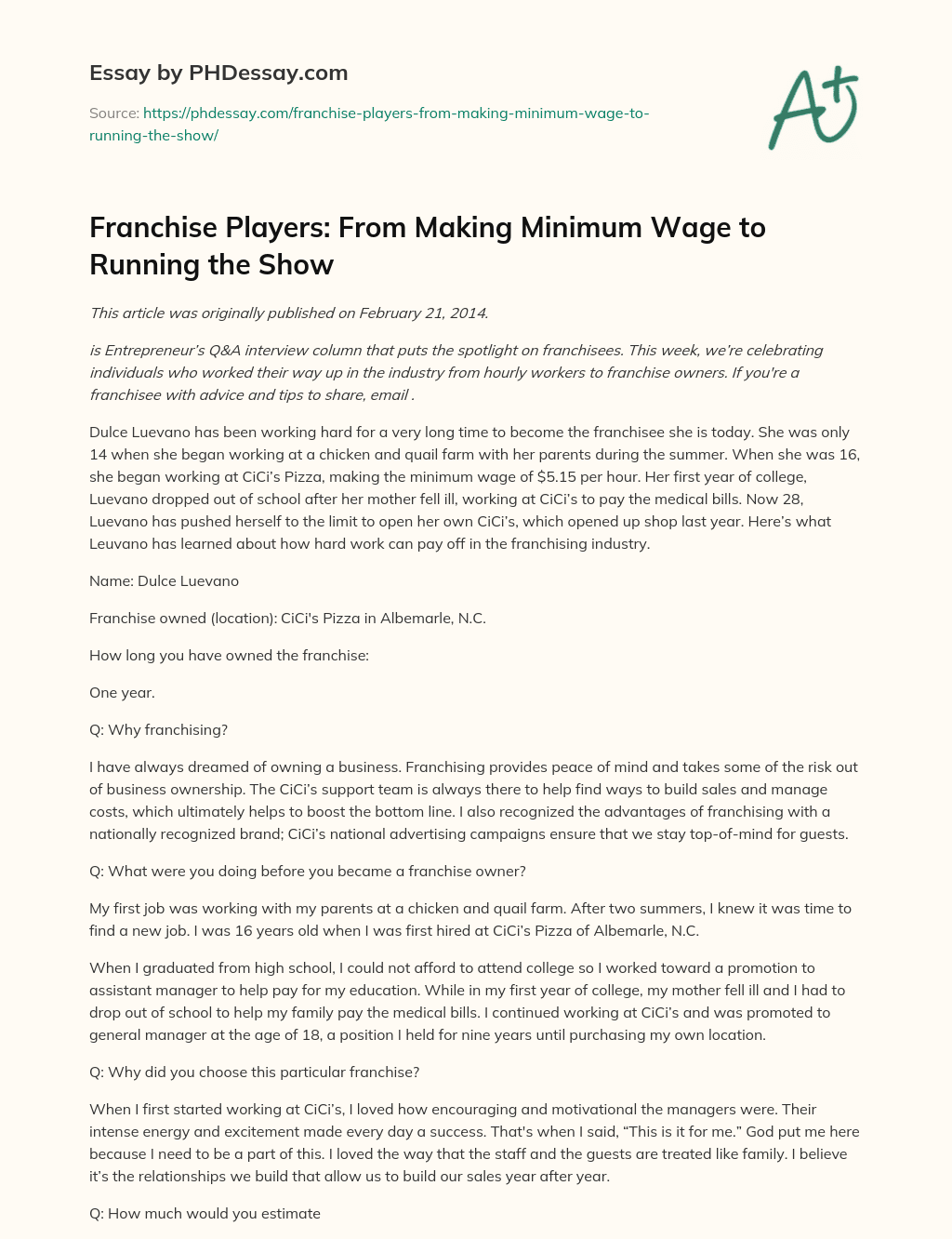 Franchise Players: From Making Minimum Wage to Running the Show essay