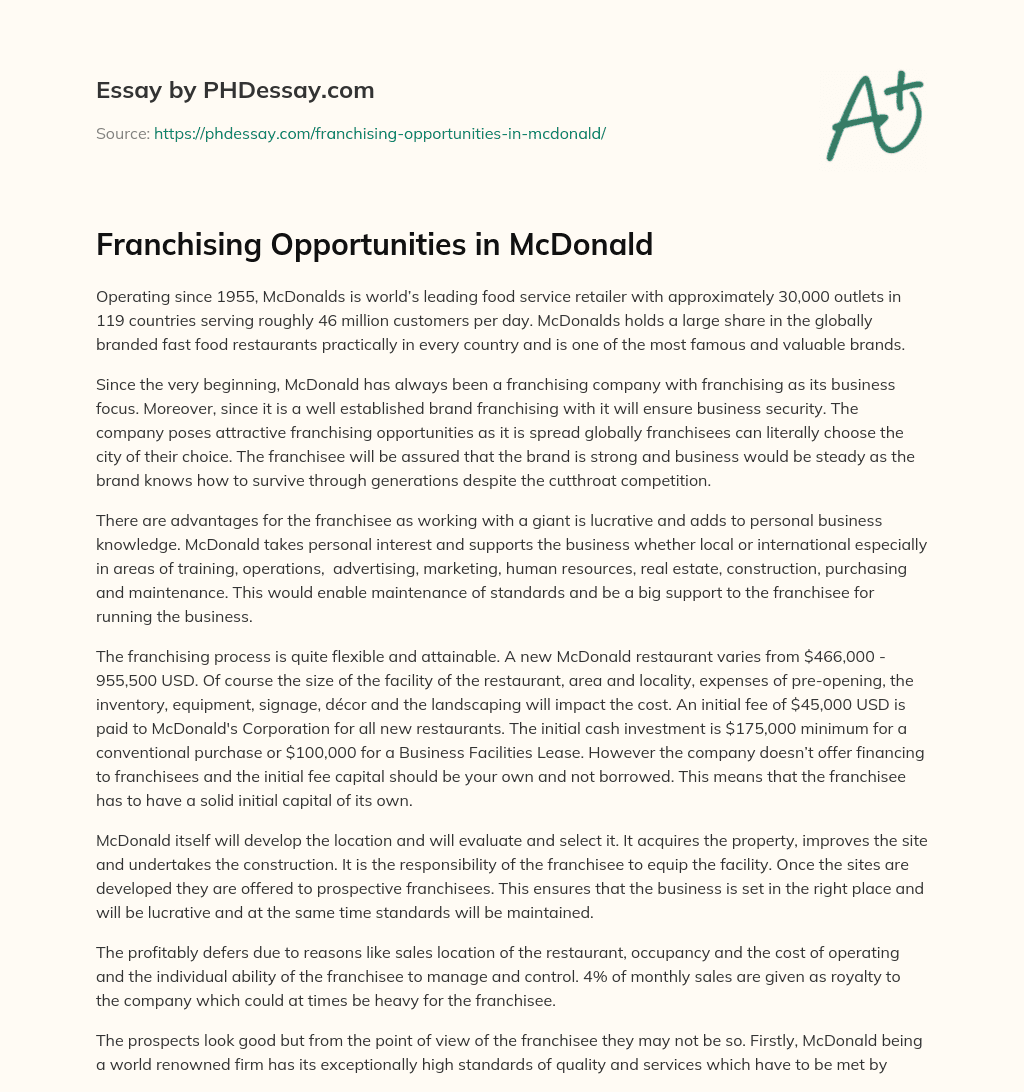 Franchising Opportunities in McDonald essay