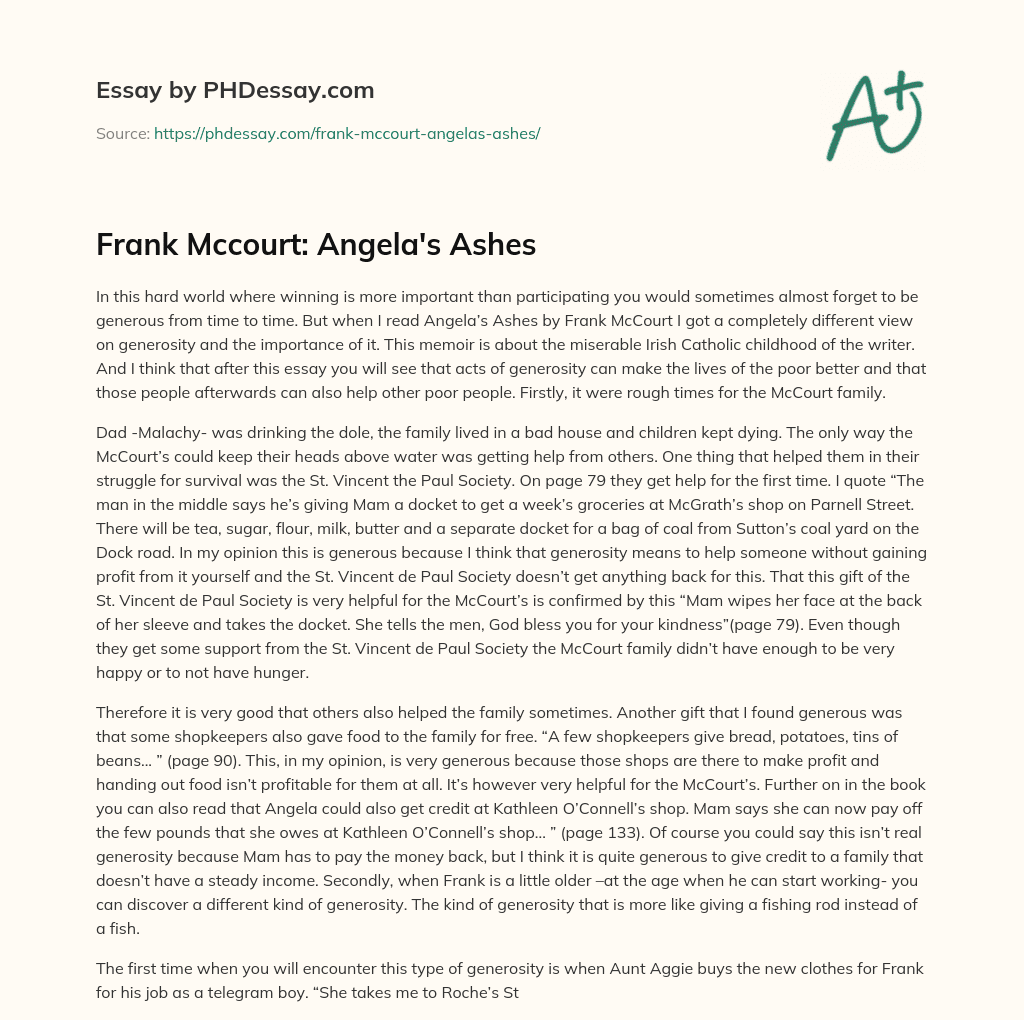 Frank Mccourt: Angela’s Ashes essay