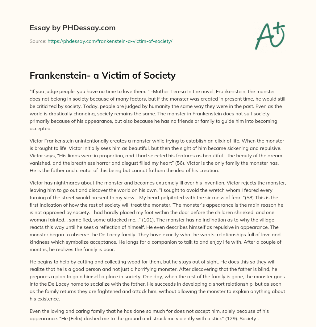 Frankenstein- a Victim of Society essay