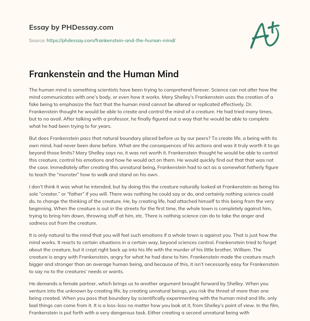 Frankenstein and the Human Mind essay