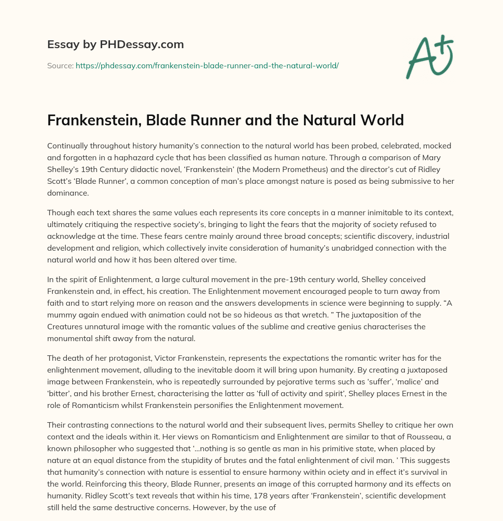 Frankenstein, Blade Runner and the Natural World essay