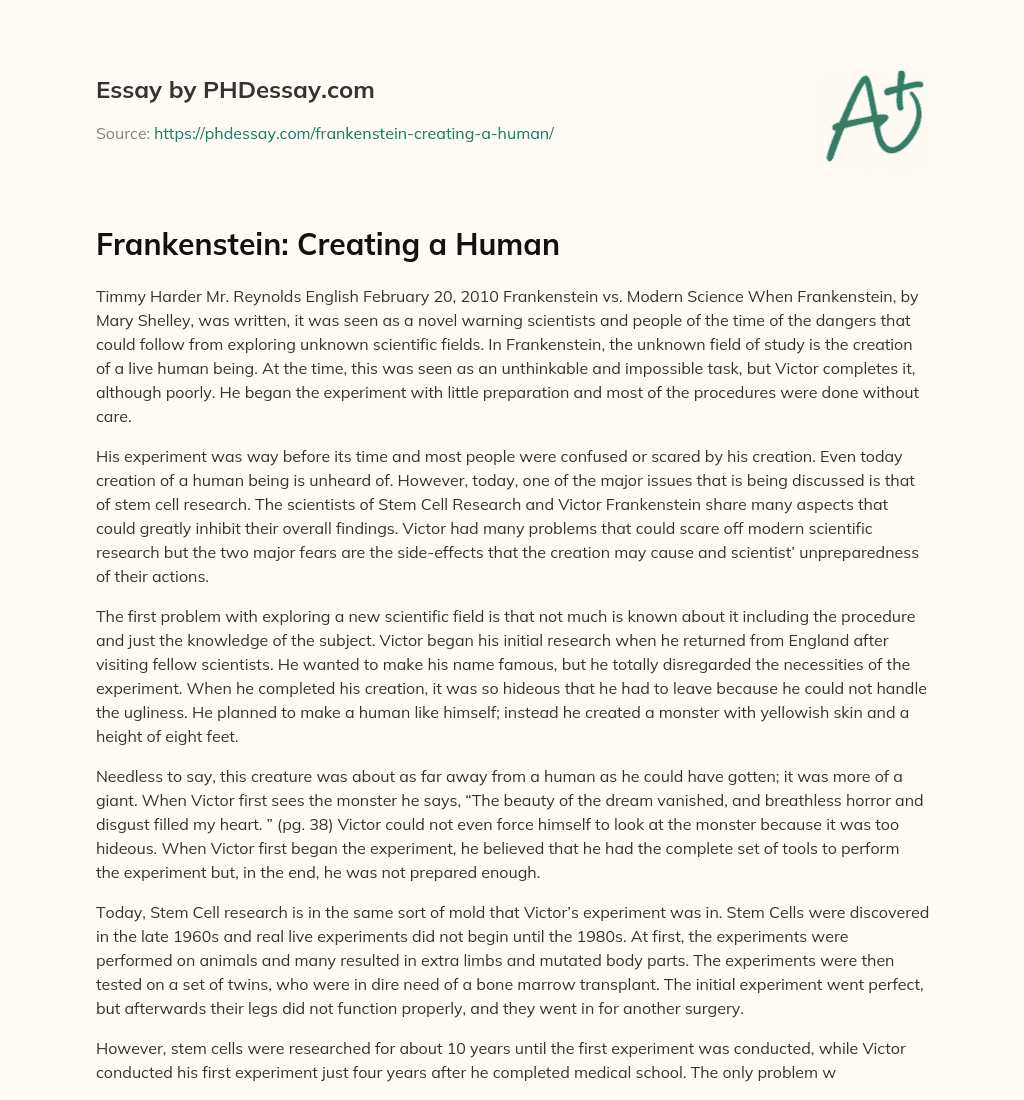 Frankenstein: Creating a Human essay