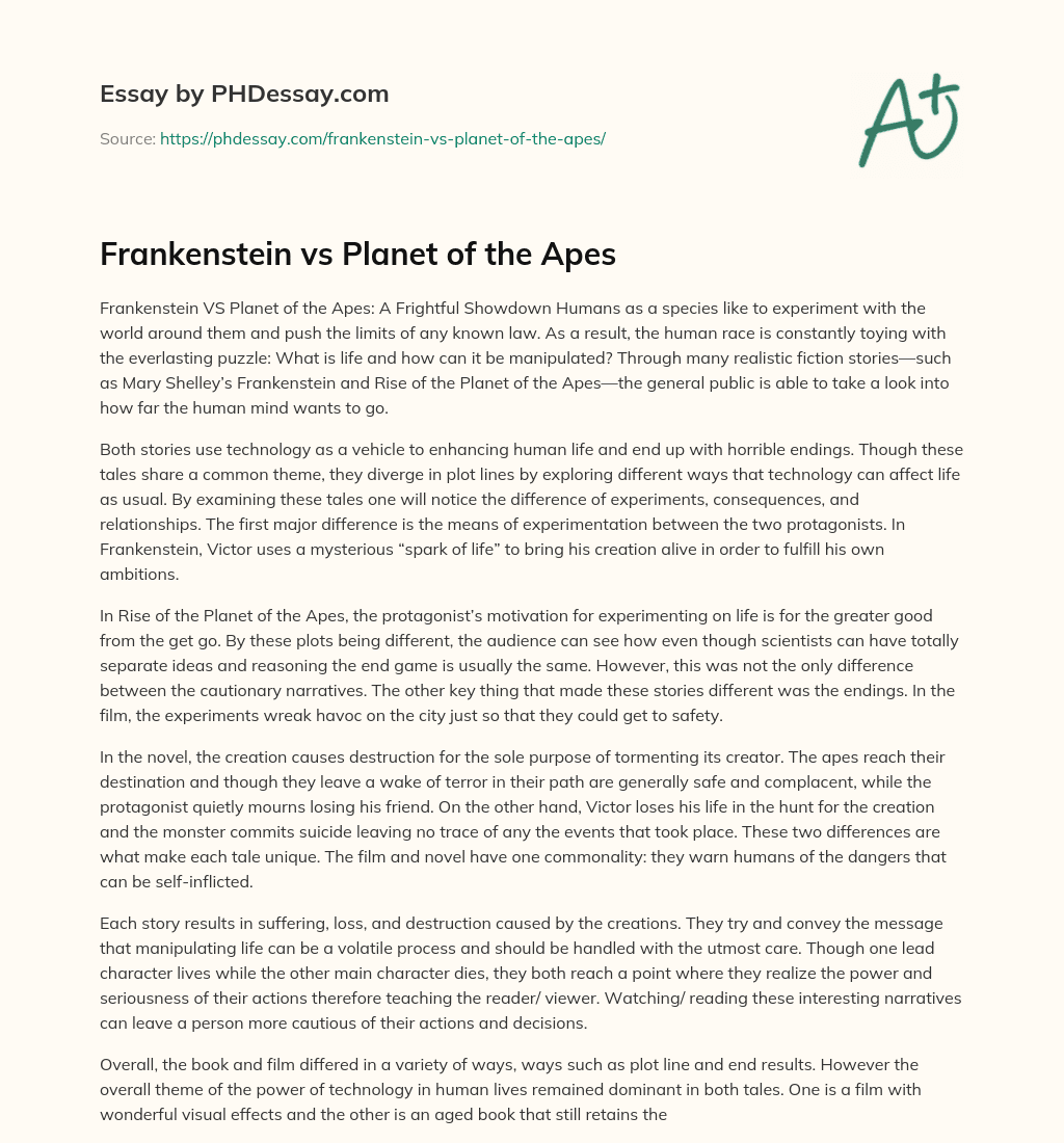 Frankenstein vs Planet of the Apes essay