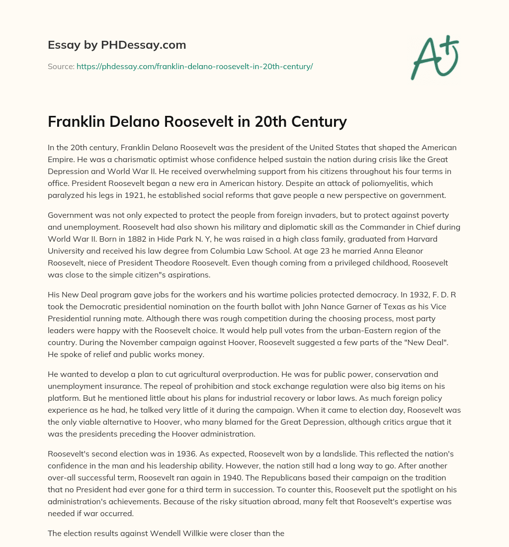 Franklin Delano Roosevelt in 20th Century essay