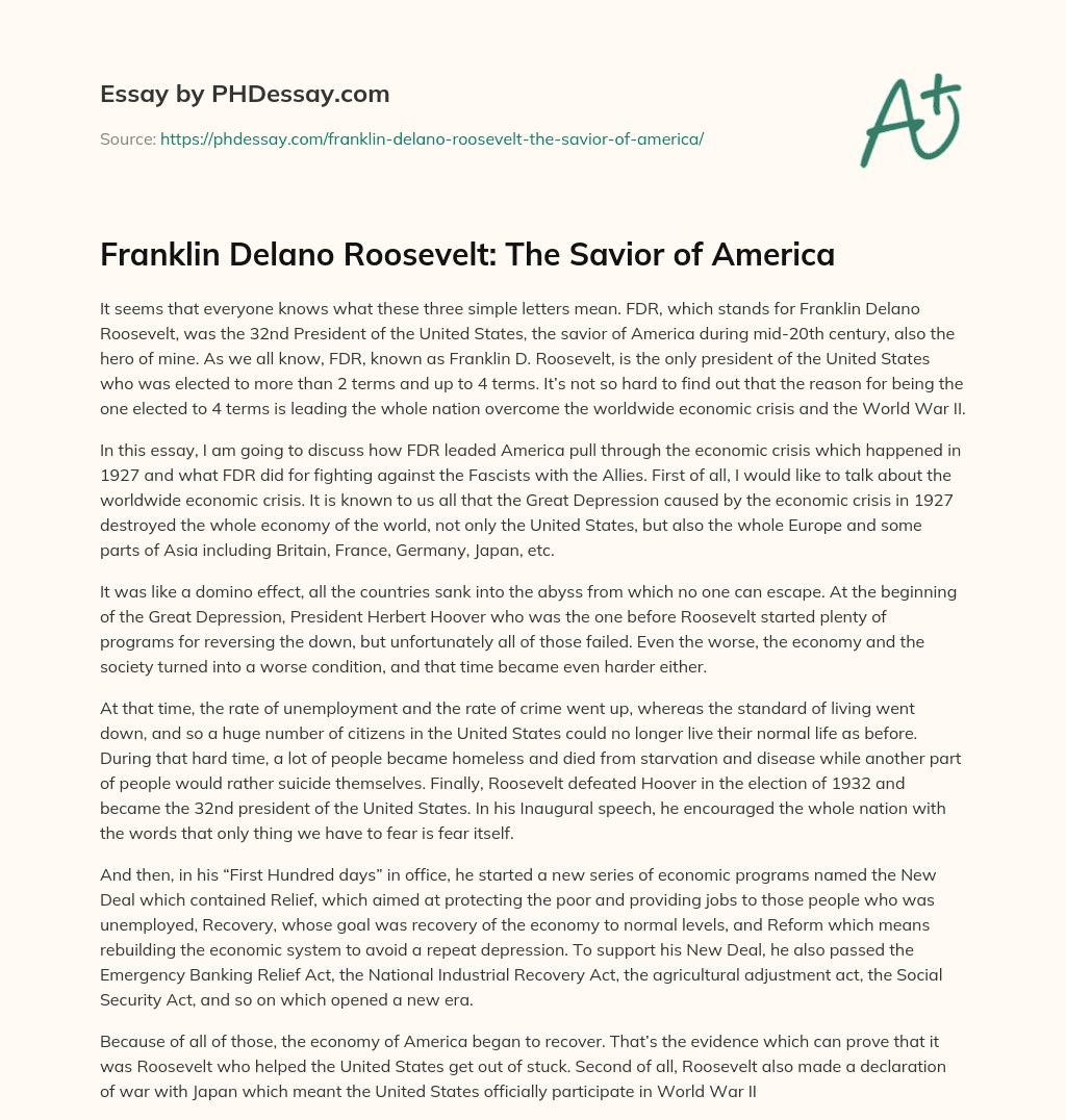 Franklin Delano Roosevelt: The Savior of America essay