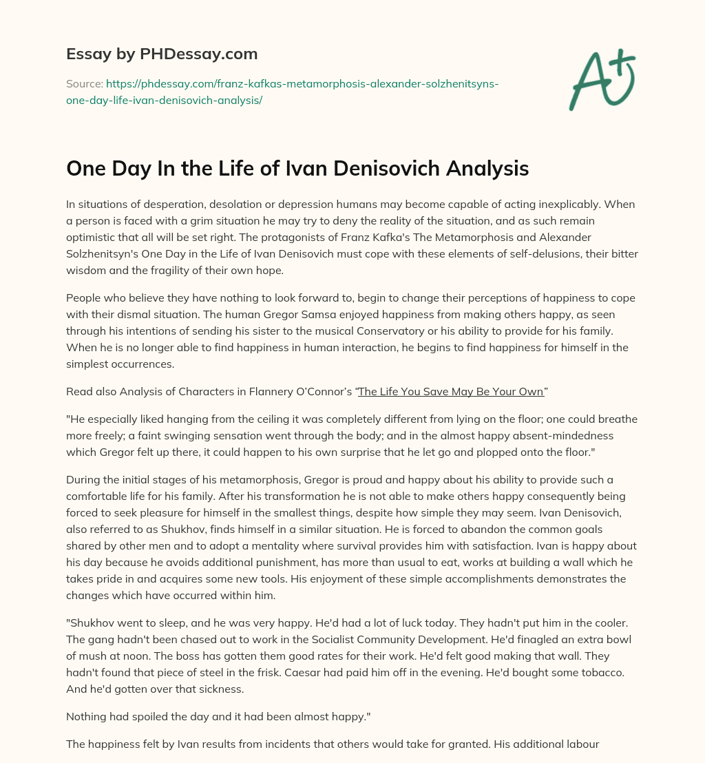 One Day In the Life of Ivan Denisovich Analysis essay