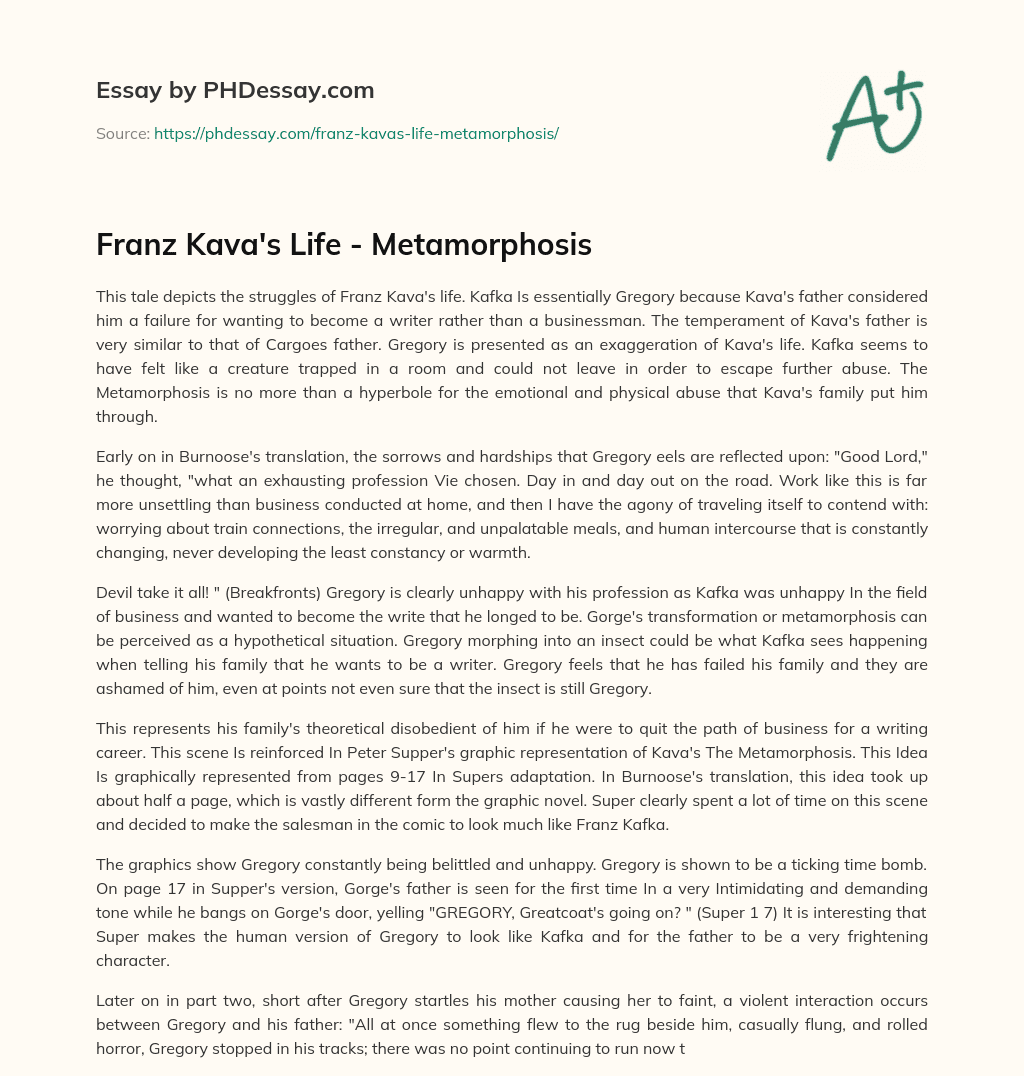 Franz Kava’s Life – Metamorphosis essay