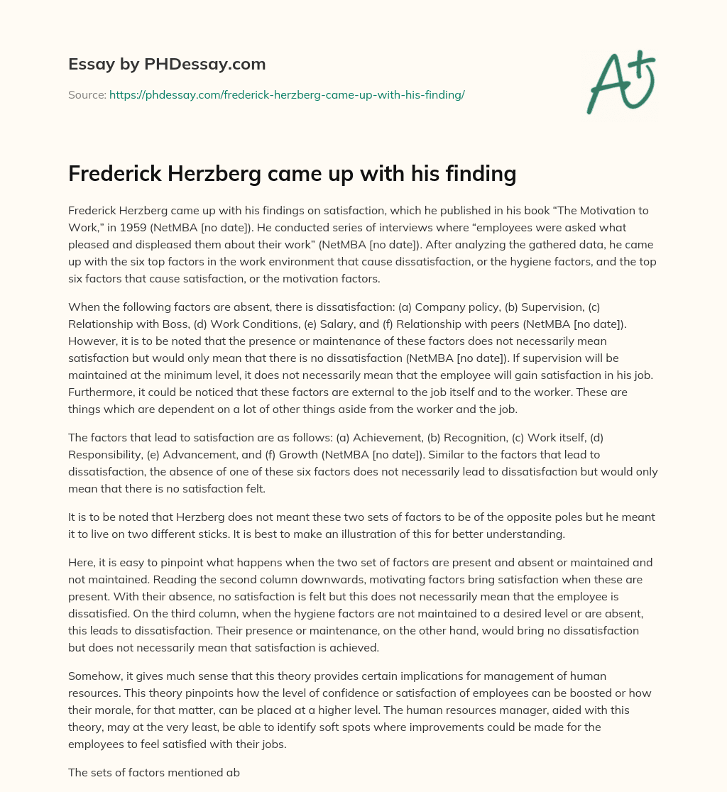 Frederick Herzberg came up with his finding essay
