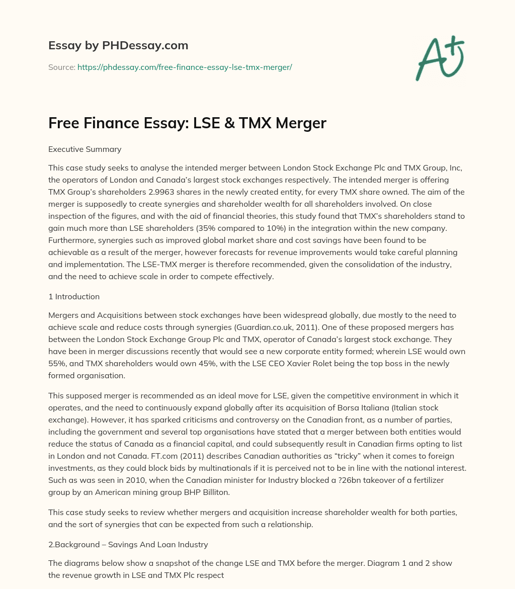 Free Finance Essay: LSE & TMX Merger essay