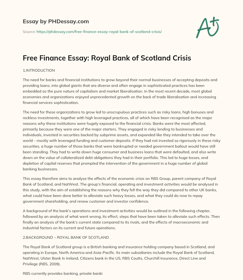 Free Finance Essay: Royal Bank of Scotland Crisis essay