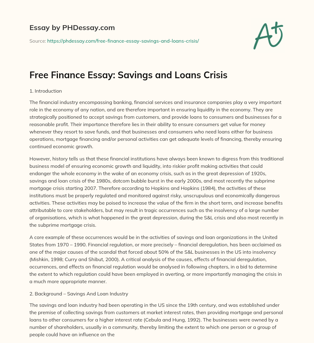 Free Finance Essay: Savings and Loans Crisis essay