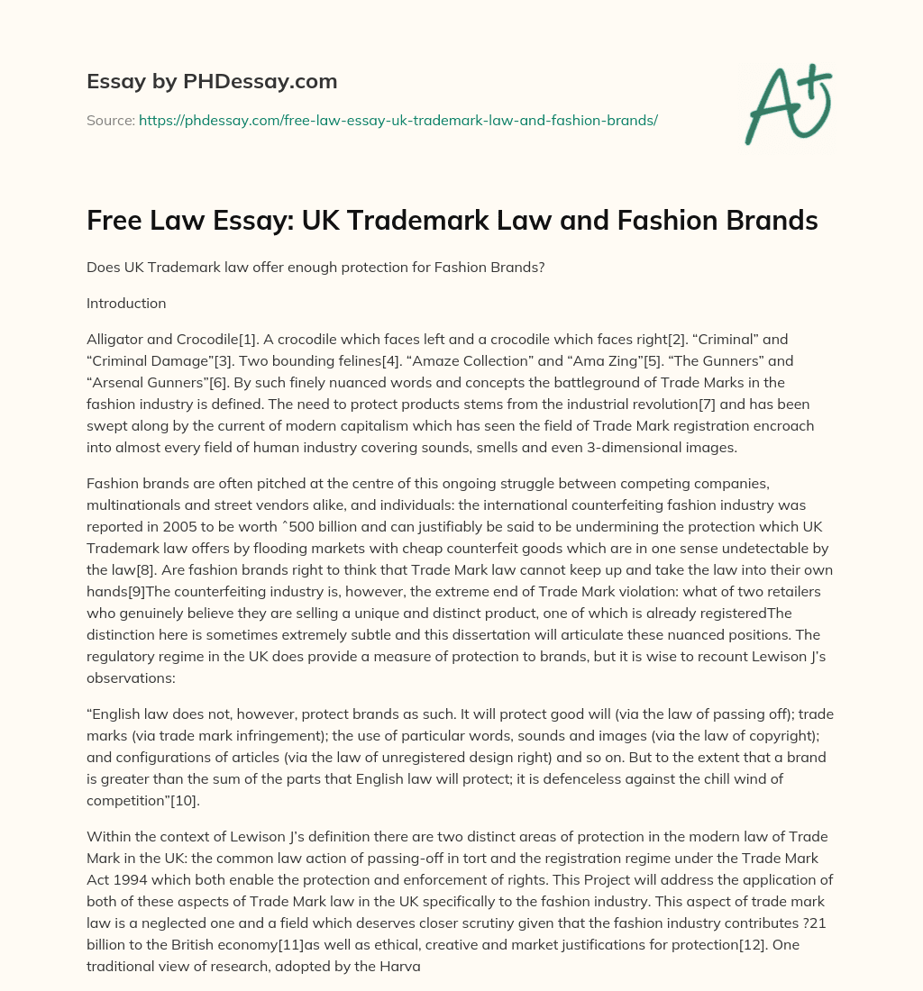 Free Law Essay UK Trademark Law and Fashion Brands