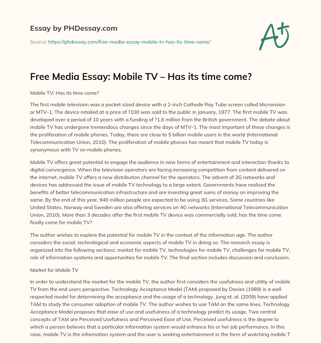 Free Media Essay: Mobile TV – Has its time come? essay