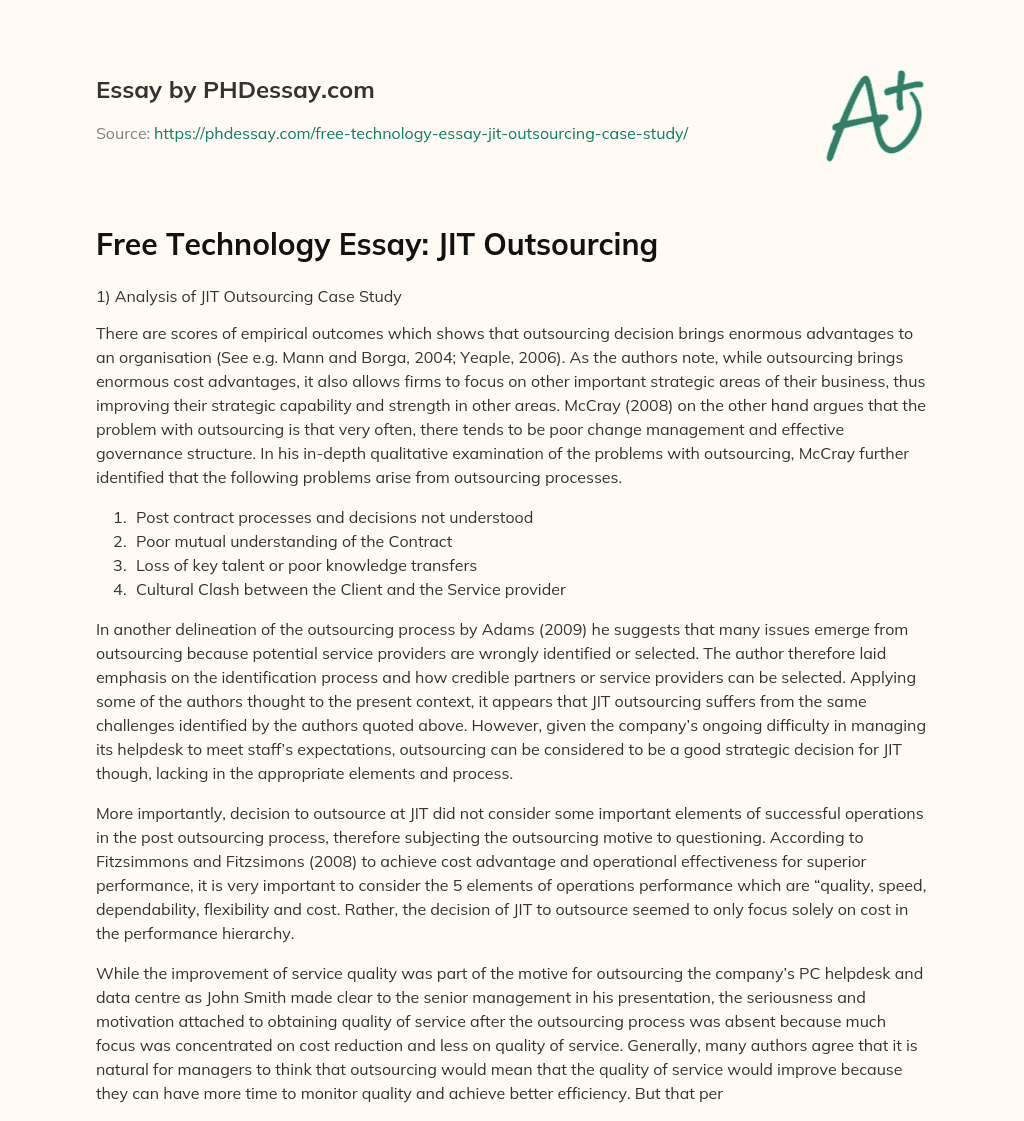 Free Technology Essay: JIT Outsourcing essay