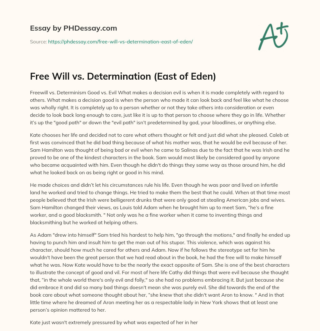 Free Will vs. Determination (East of Eden) essay