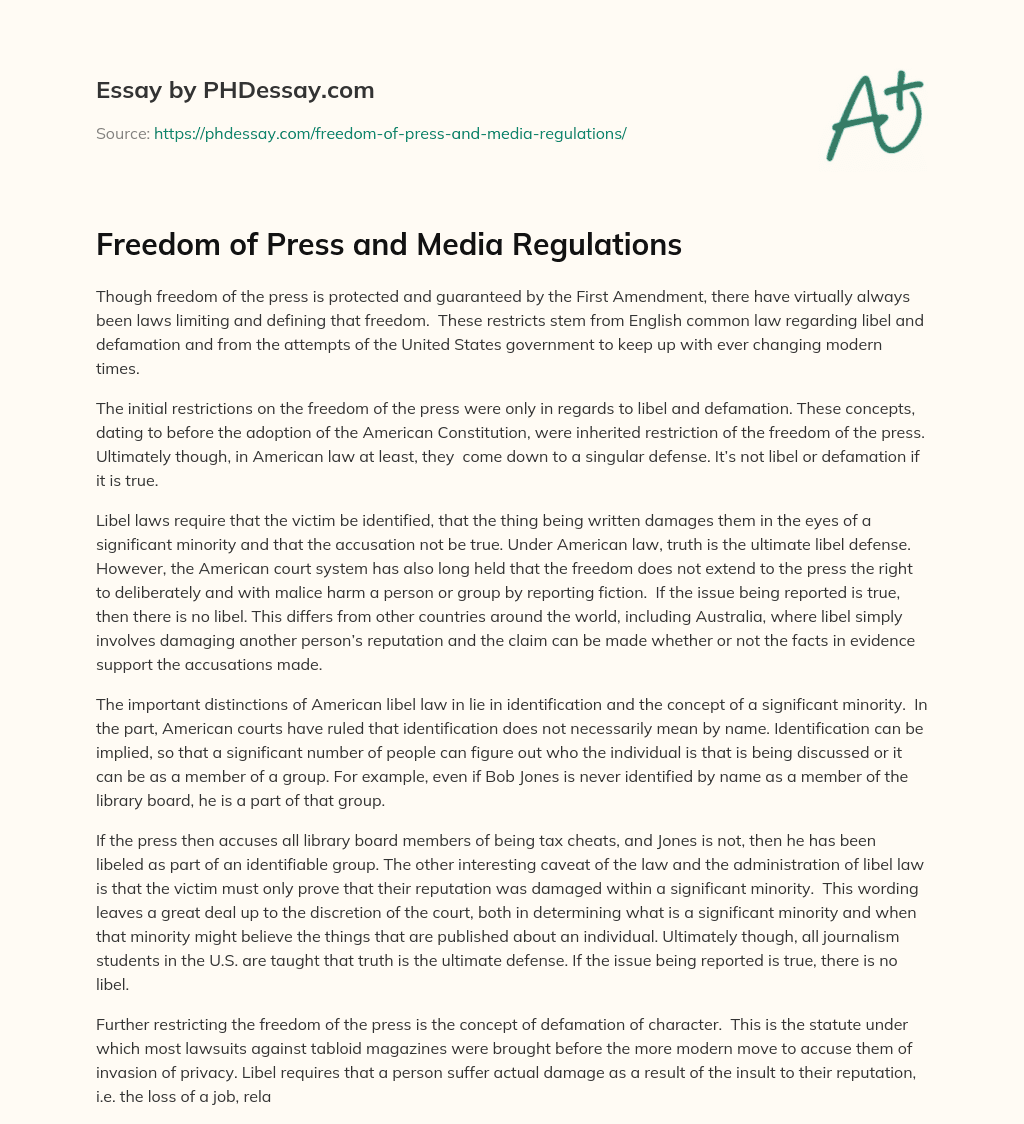 Freedom of Press and Media Regulations essay