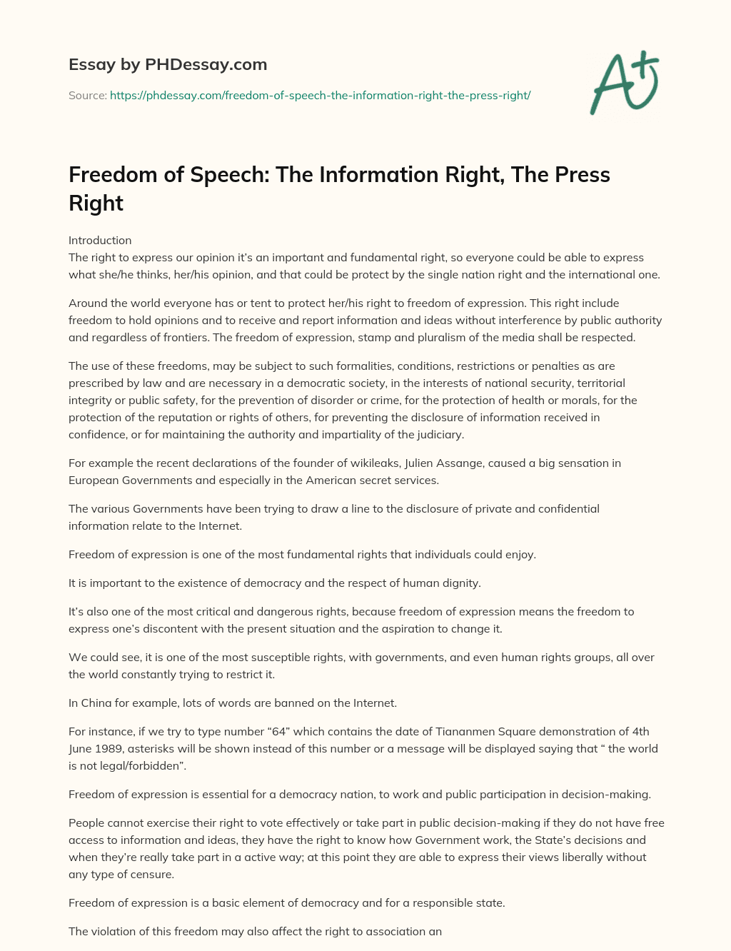 Freedom of Speech: The Information Right, The Press Right essay