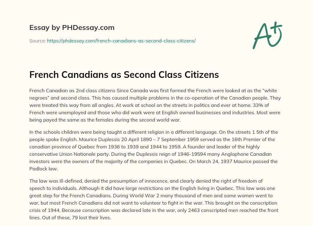 French Canadians as Second Class Citizens essay