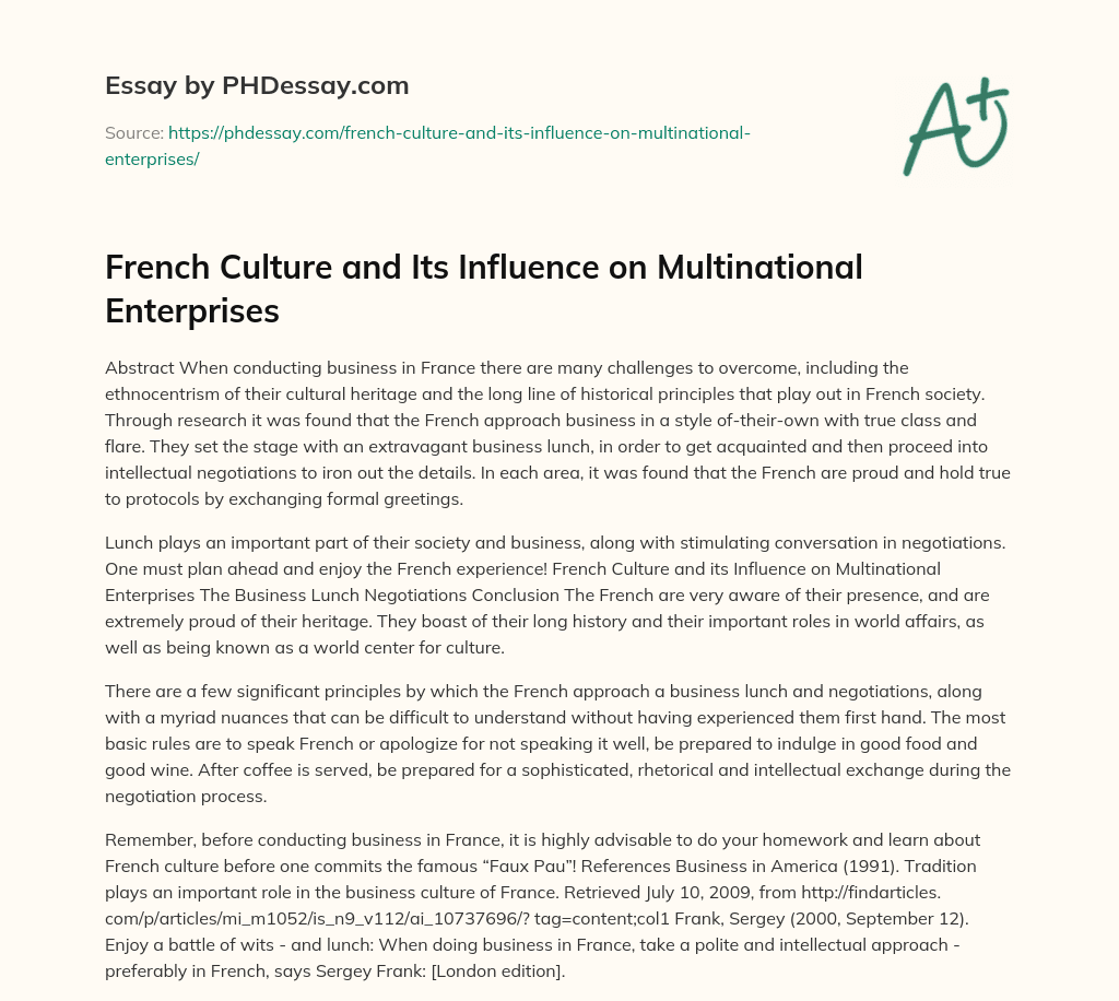 French Culture and Its Influence on Multinational Enterprises essay