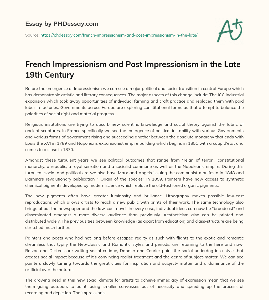 French Impressionism and Post Impressionism in the Late 19th Century essay
