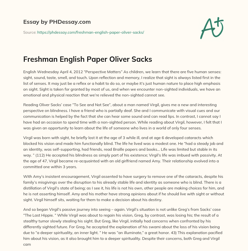 Freshman English Paper Oliver Sacks essay