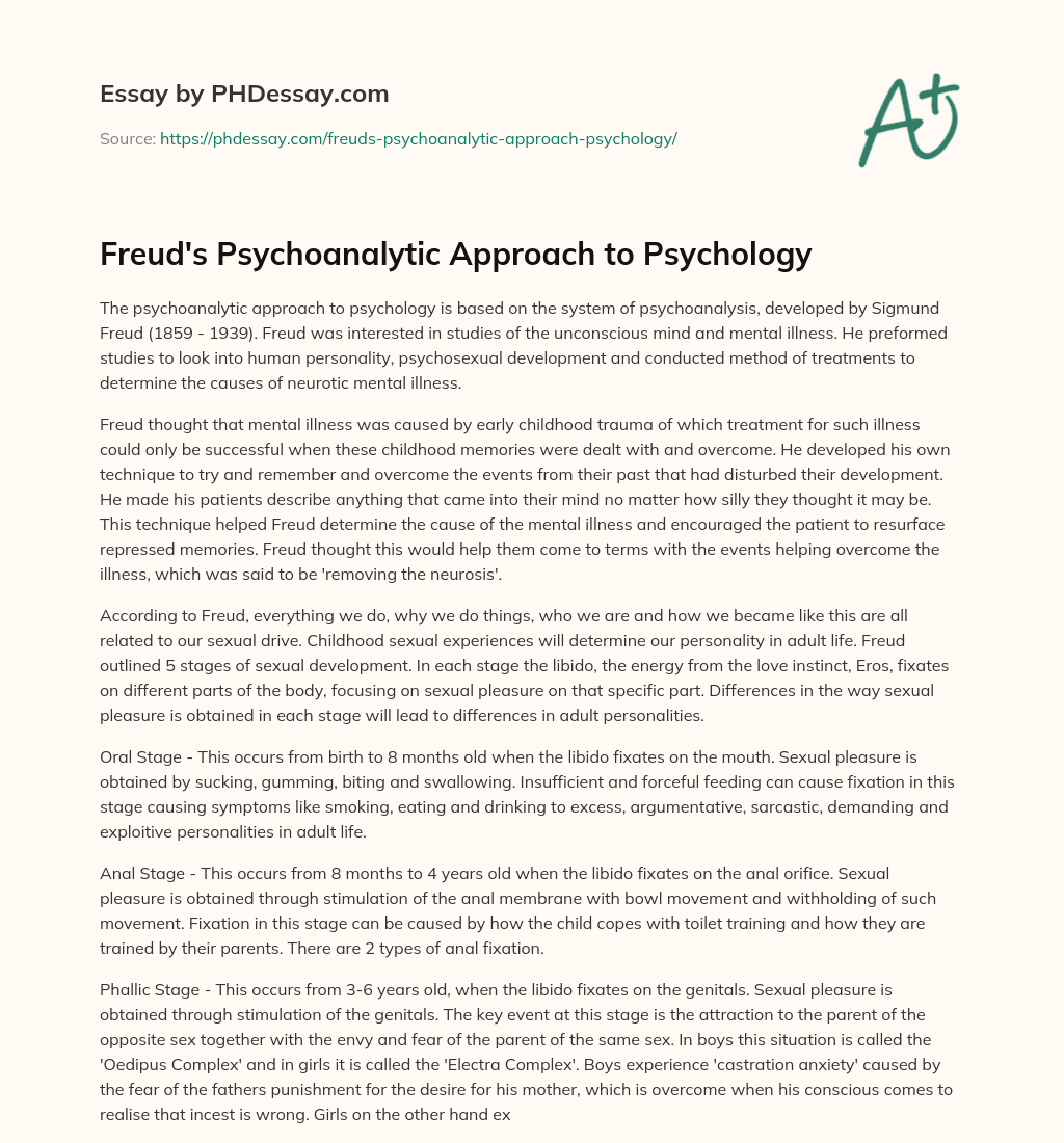 Freud’s Psychoanalytic Approach to Psychology essay