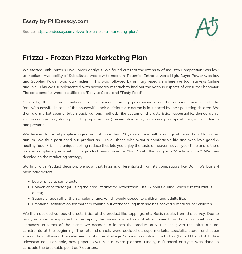 Frizza – Frozen Pizza Marketing Plan essay