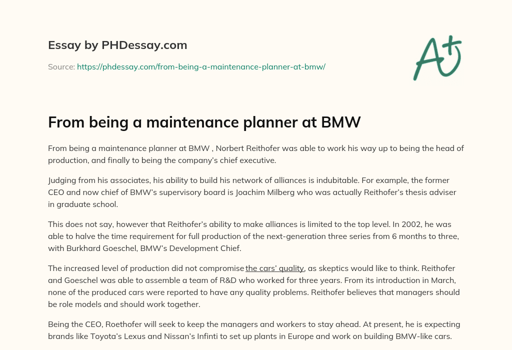 From being a maintenance planner at BMW essay