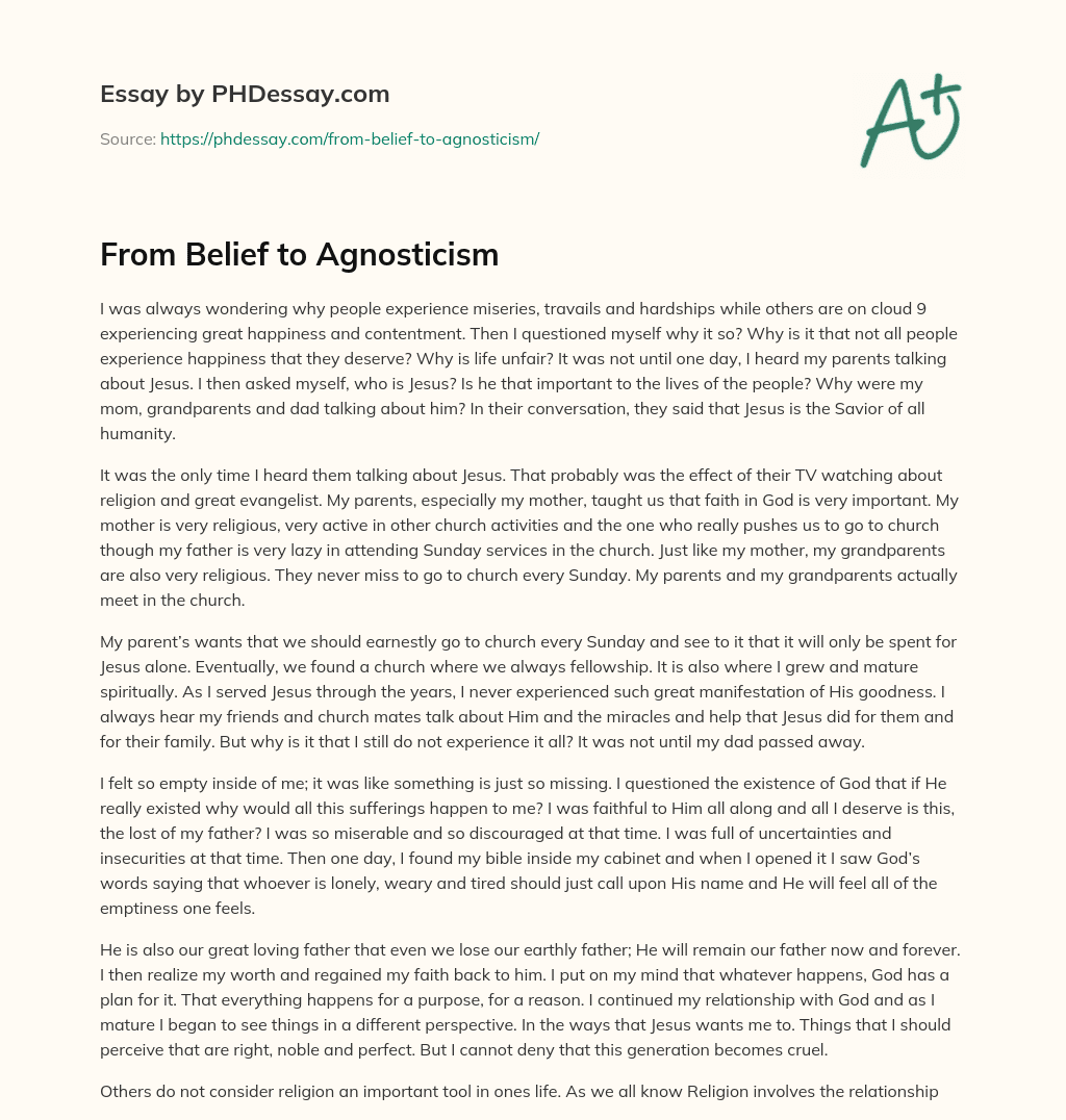From Belief to Agnosticism essay
