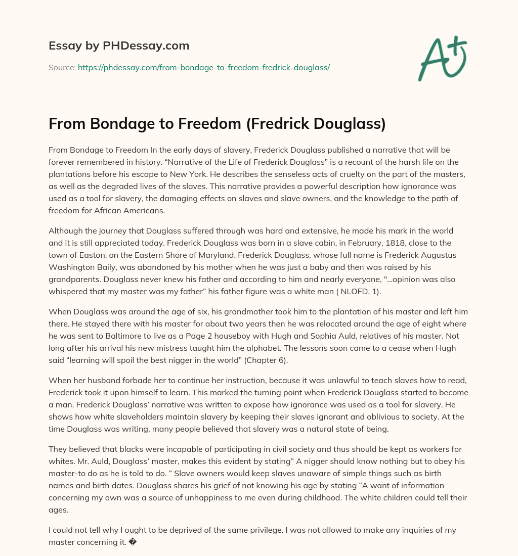 From Bondage to Freedom (Fredrick Douglass) essay